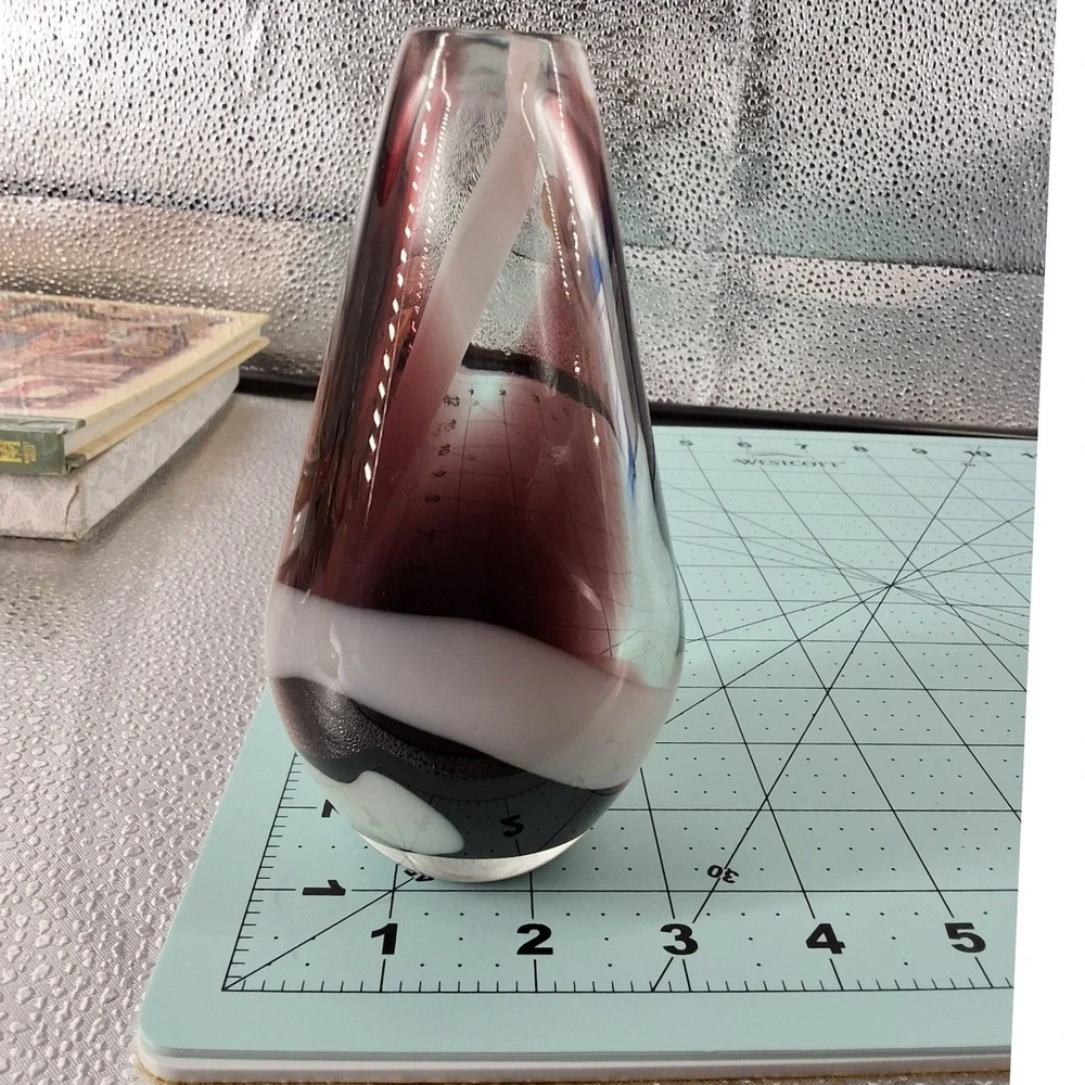 Vintage Art Glass Bud Vase Purple White Swirl Teardrop Sommerso Style 6.25